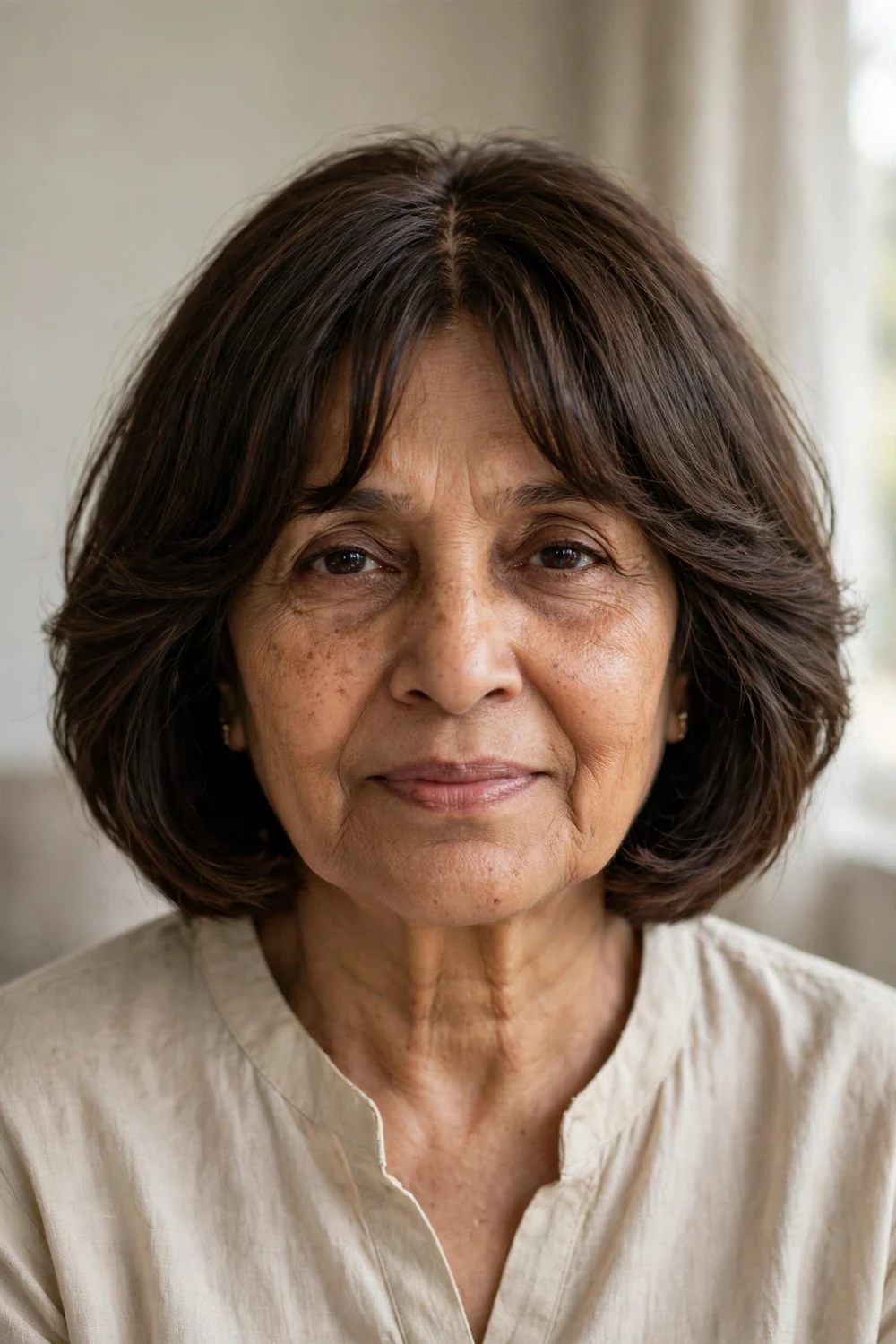 Layered bob with curtain bangs parted in the middle