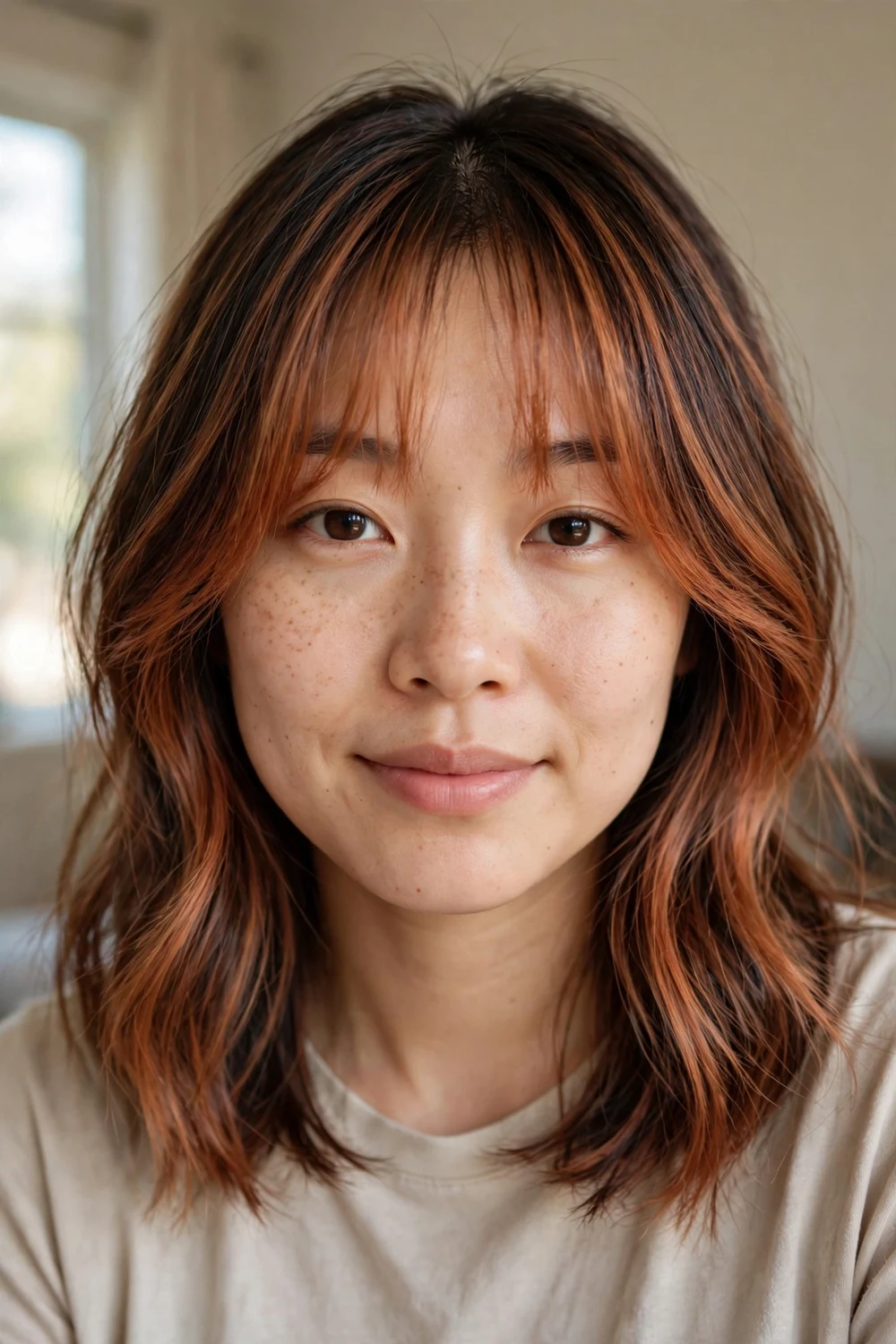 Cowboy copper balayage with curtain bangs