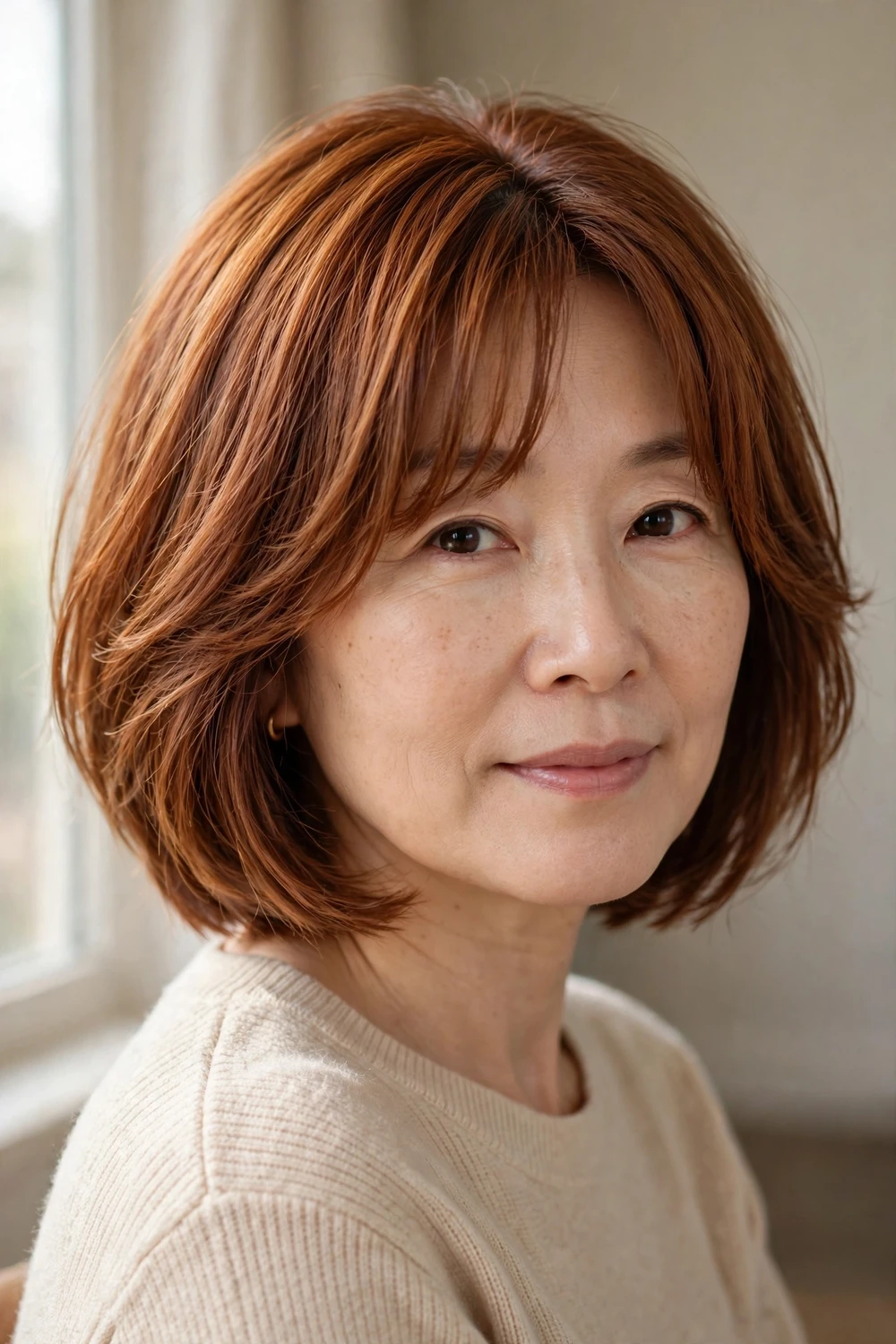Auburn layered chin-length bob with feathered curtain bangs on fine hair