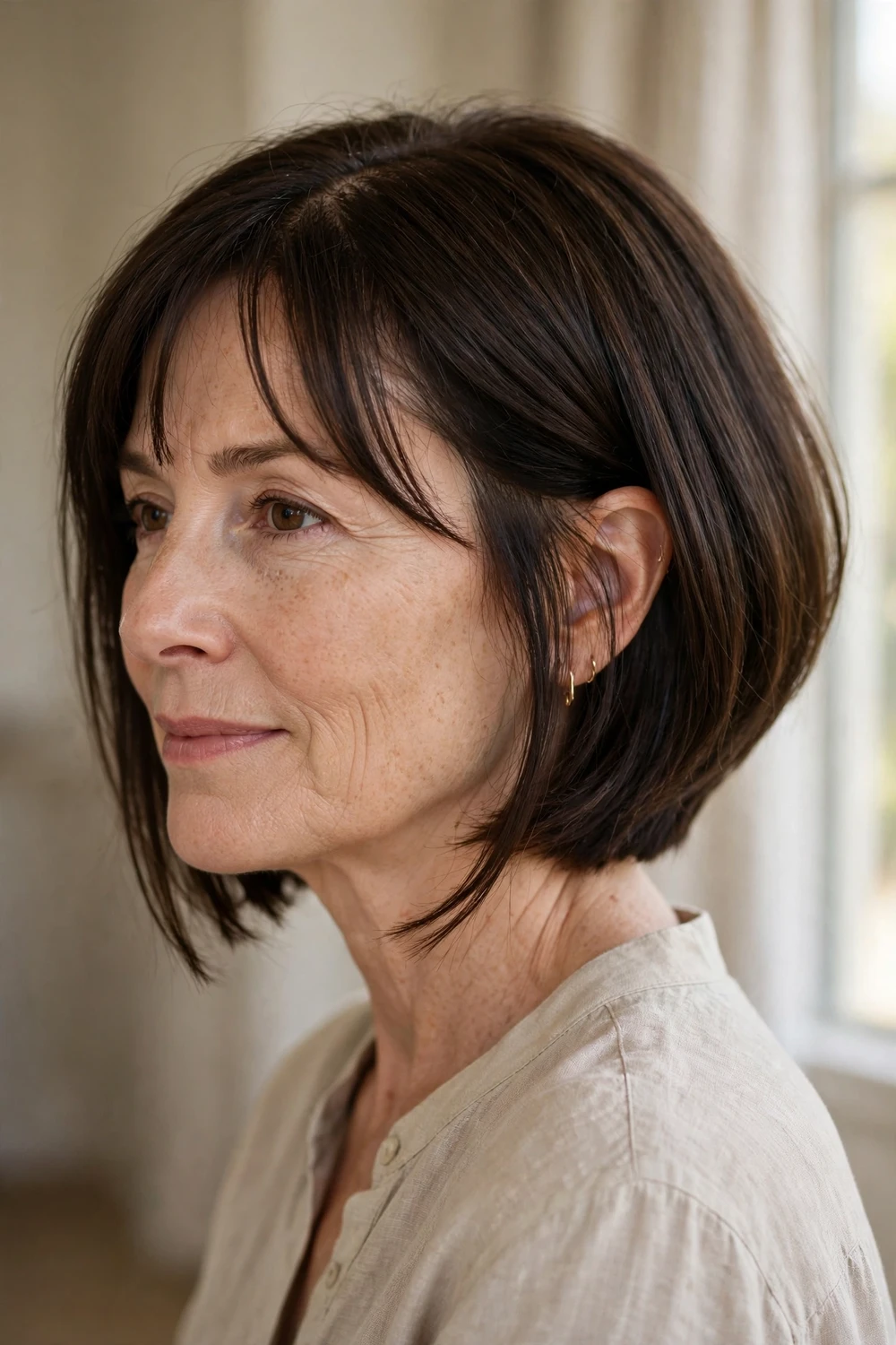 French-inspired A-line bob with wispy curtain bangs on fine hair