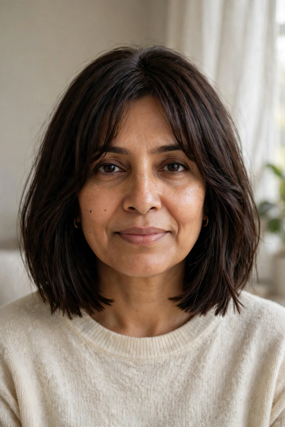 Textured blunt bob with seamless curtain bangs on fine hair