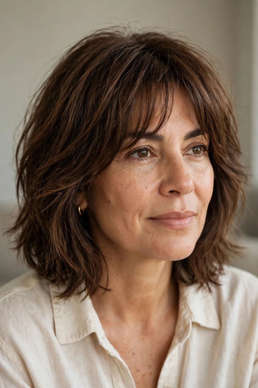 Soft shaggy bob with blended curtain bangs on fine hair