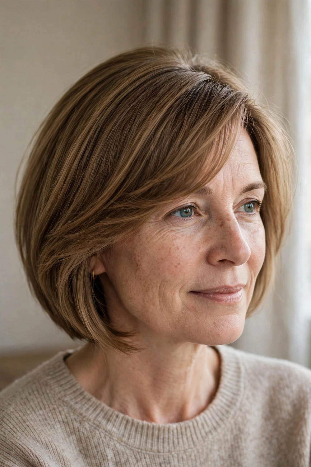 Asymmetrical bob with deep side part and dramatic curtain bangs on fine hair