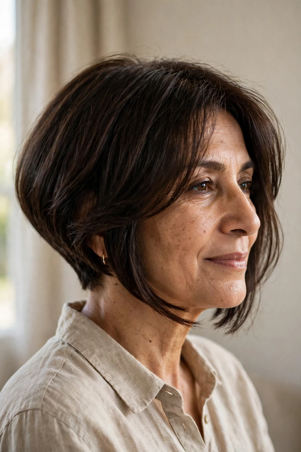 Angled bob with softly blended curtain bangs on fine hair