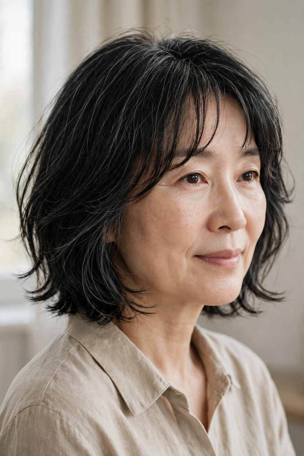 Wispy layered bob with delicate curtain bangs on fine hair