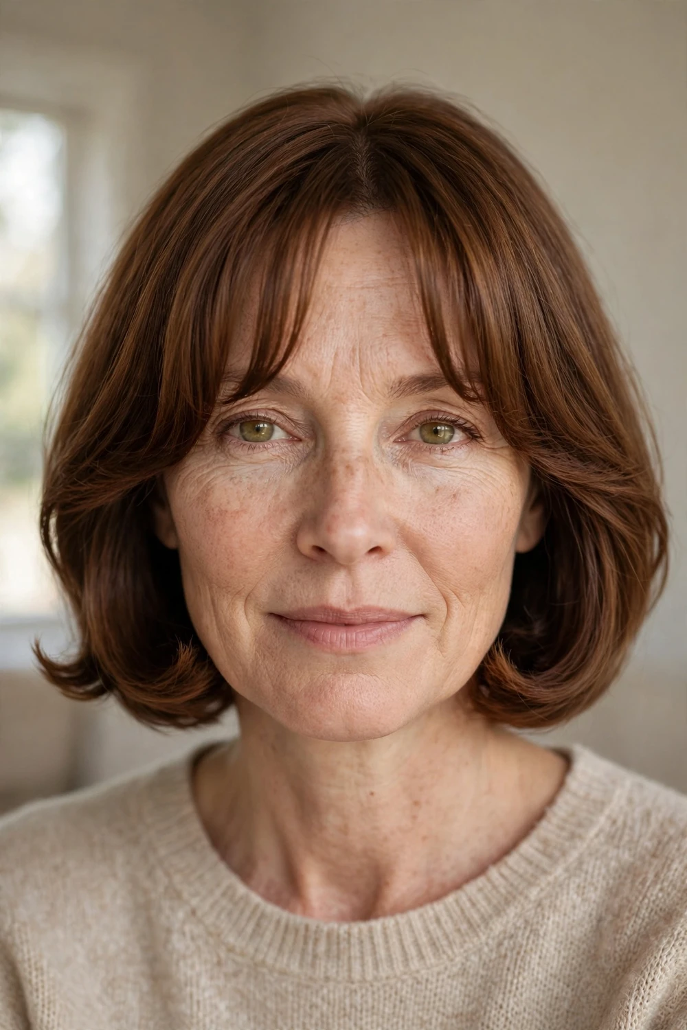 Modern pageboy bob with curved ends and curtain bangs on fine hair