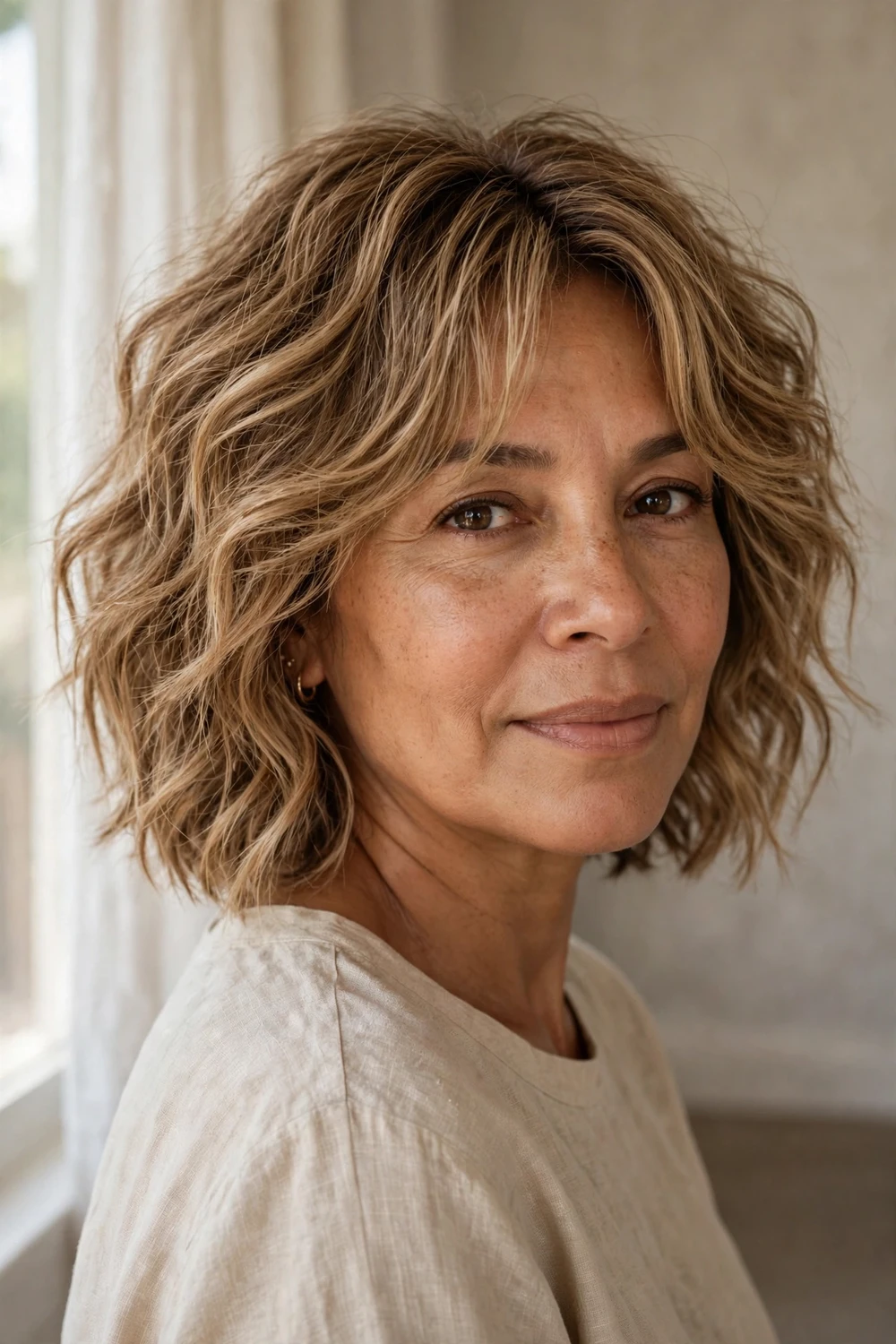Tousled beach bob with seamless curtain bangs on fine hair