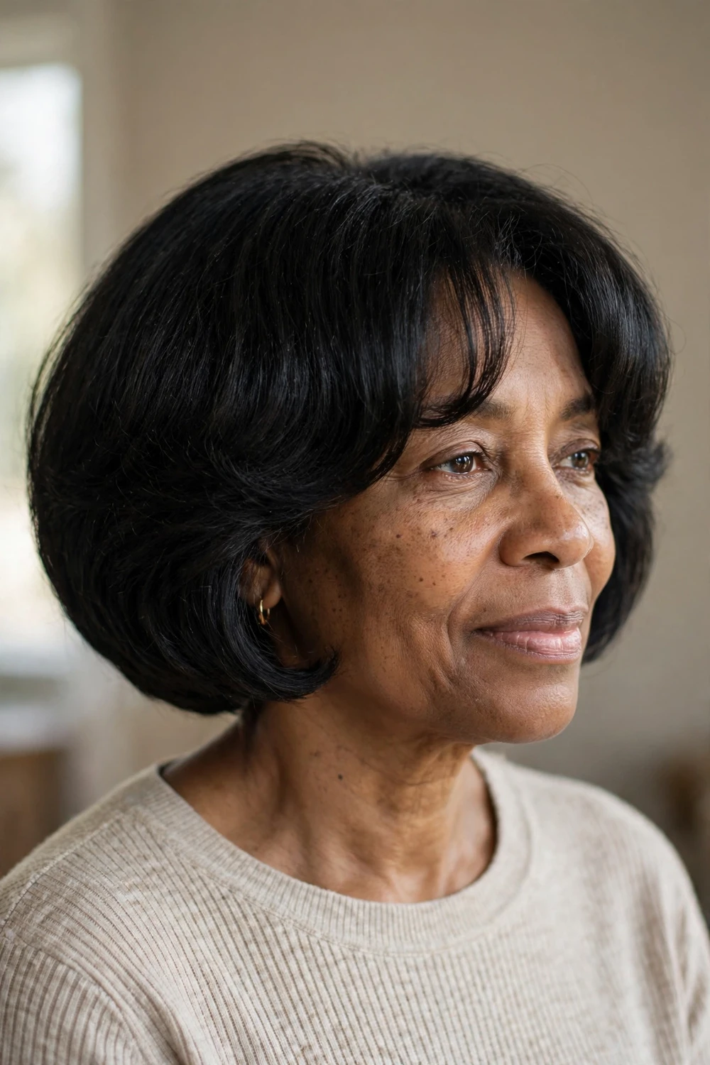 Rounded voluminous bob with curved curtain bangs on fine hair