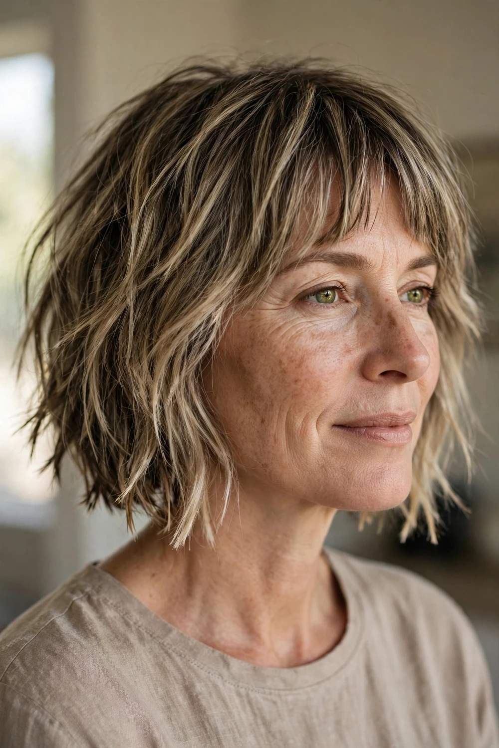 Choppy textured bob with ragged curtain bangs on fine hair