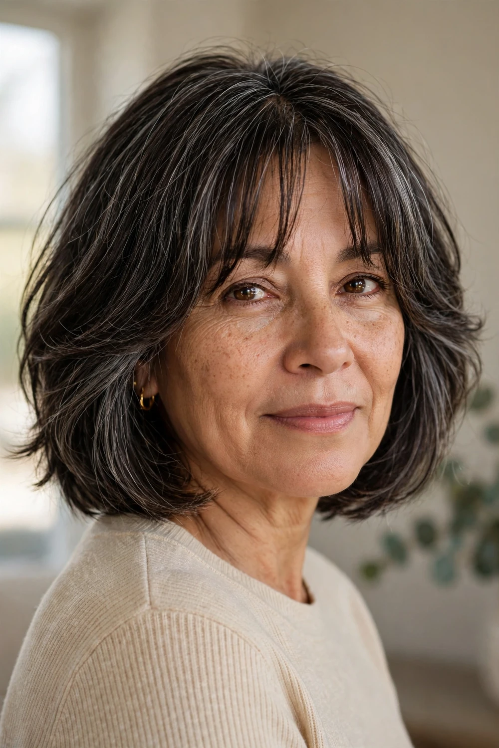 Wash and wear bob with natural curtain bangs on fine hair