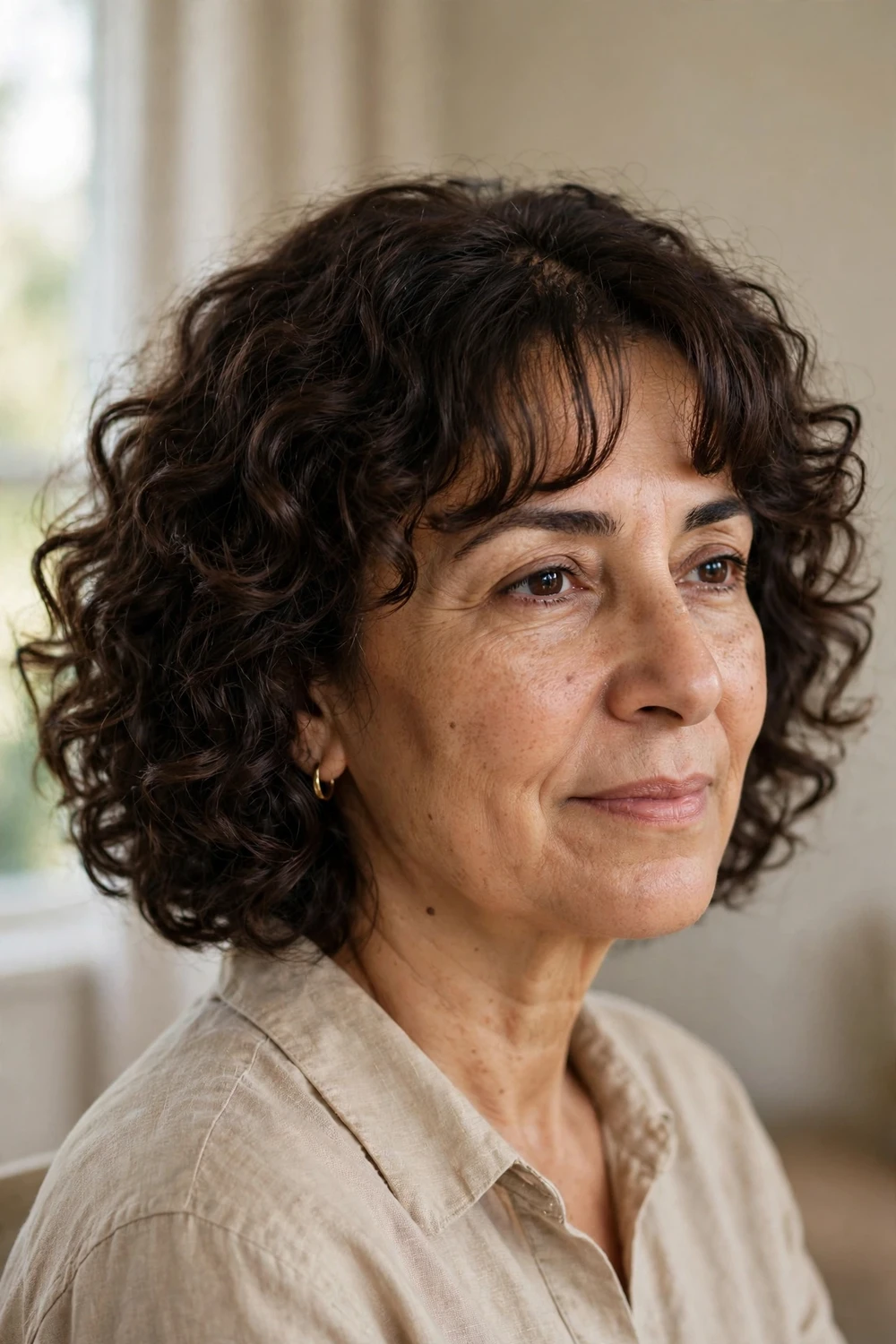 Modern curly bob with soft curtain bangs on fine curly hair