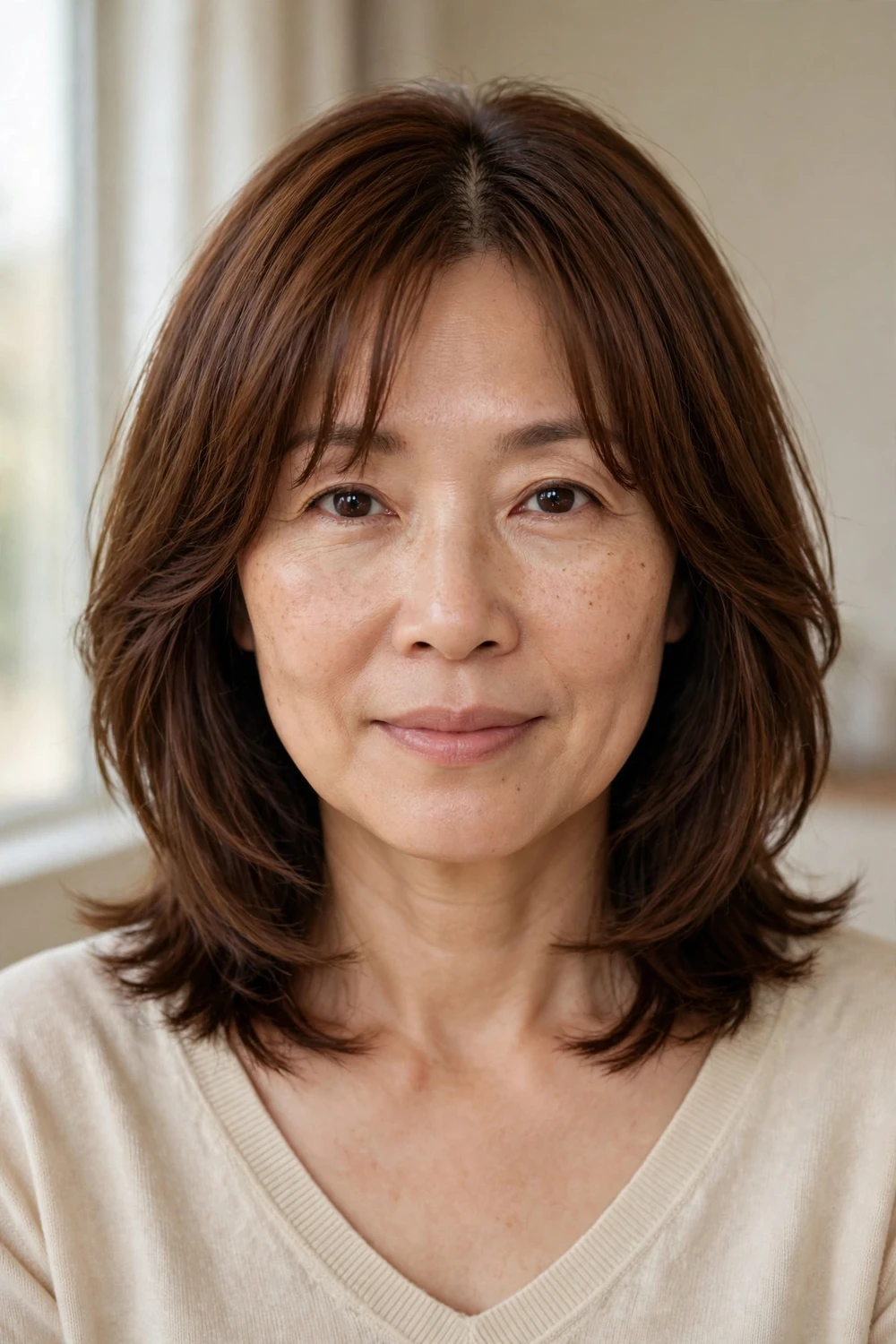 Collarbone-grazing lob with center-part curtain bangs on fine hair