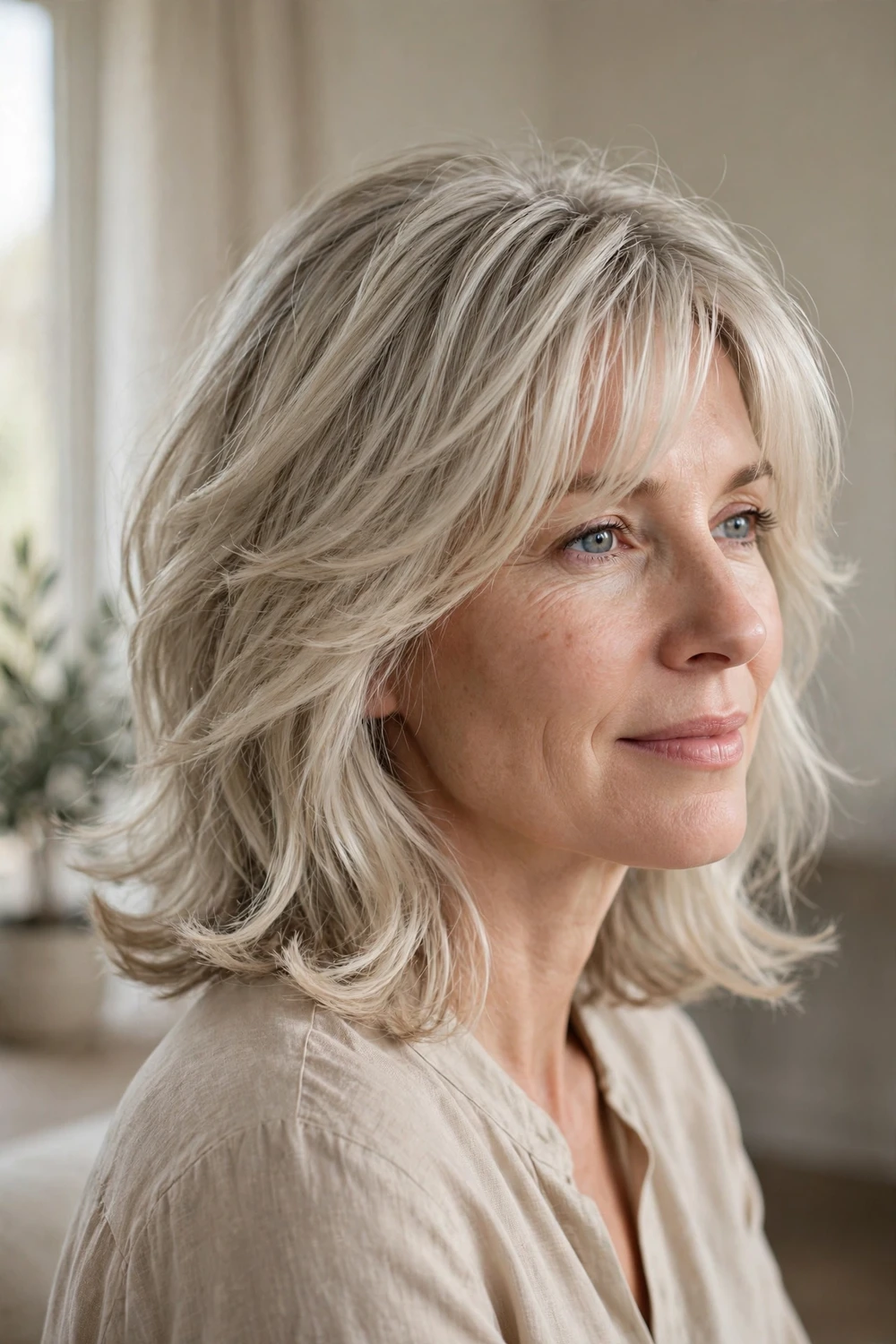 Textured lob with airy feathered curtain fringe on fine hair