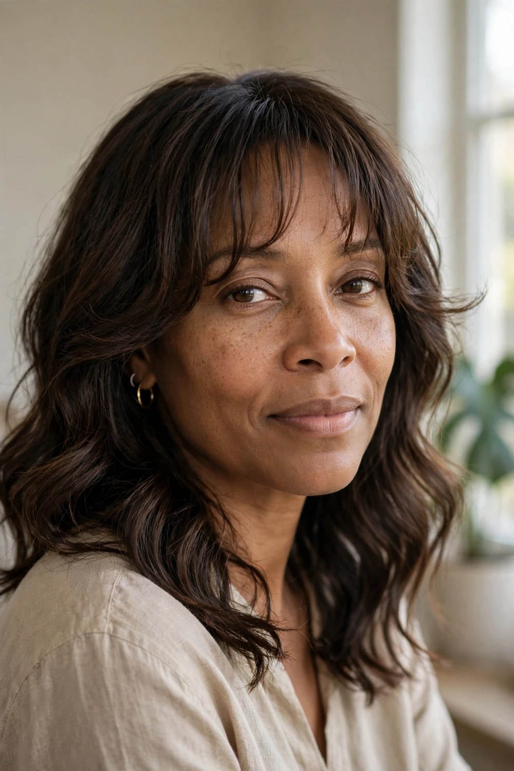 Wispy curtain bangs with shoulder-length waves on fine hair