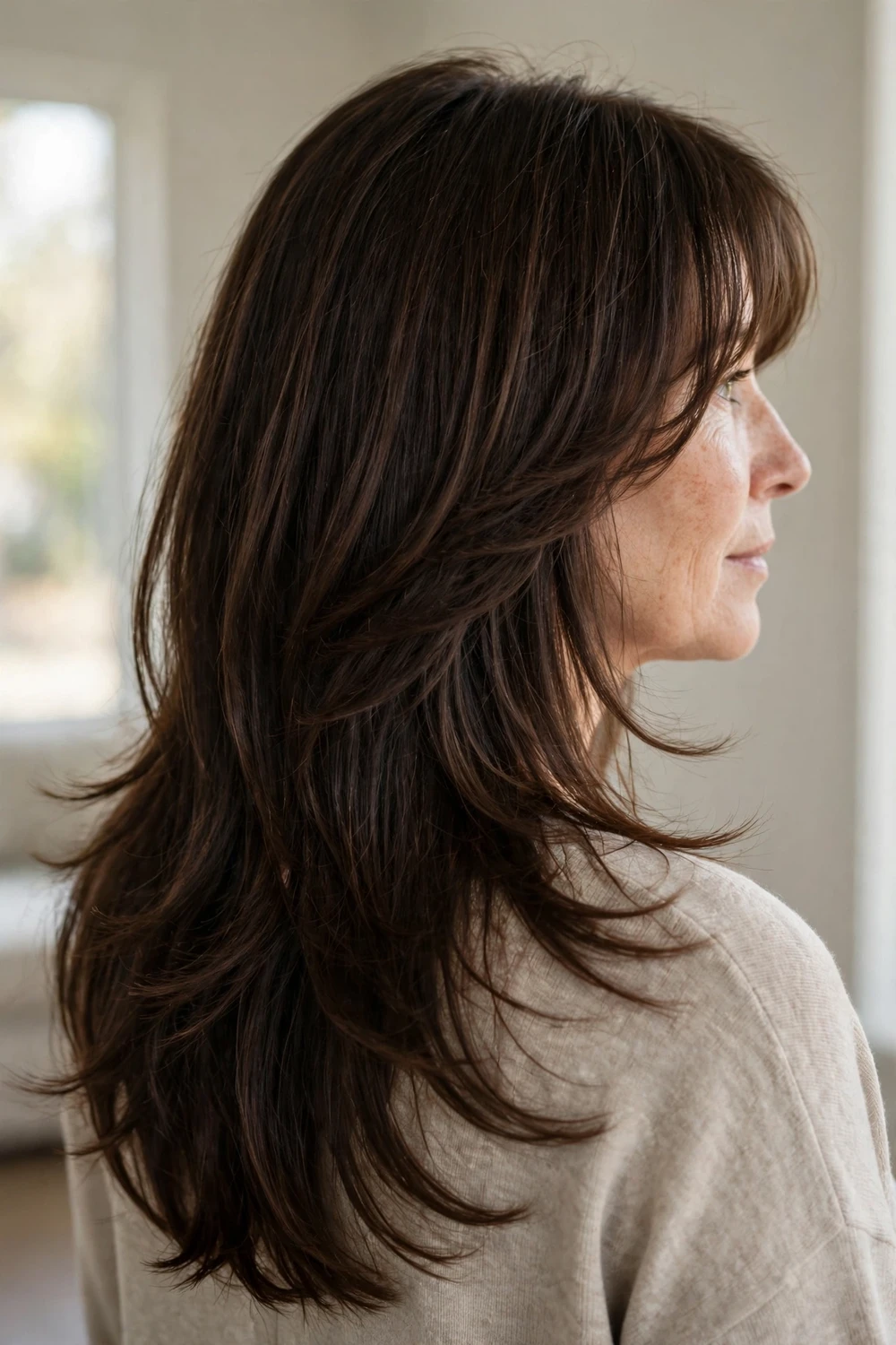 Soft long layers with grow-out-friendly curtain bangs on fine hair