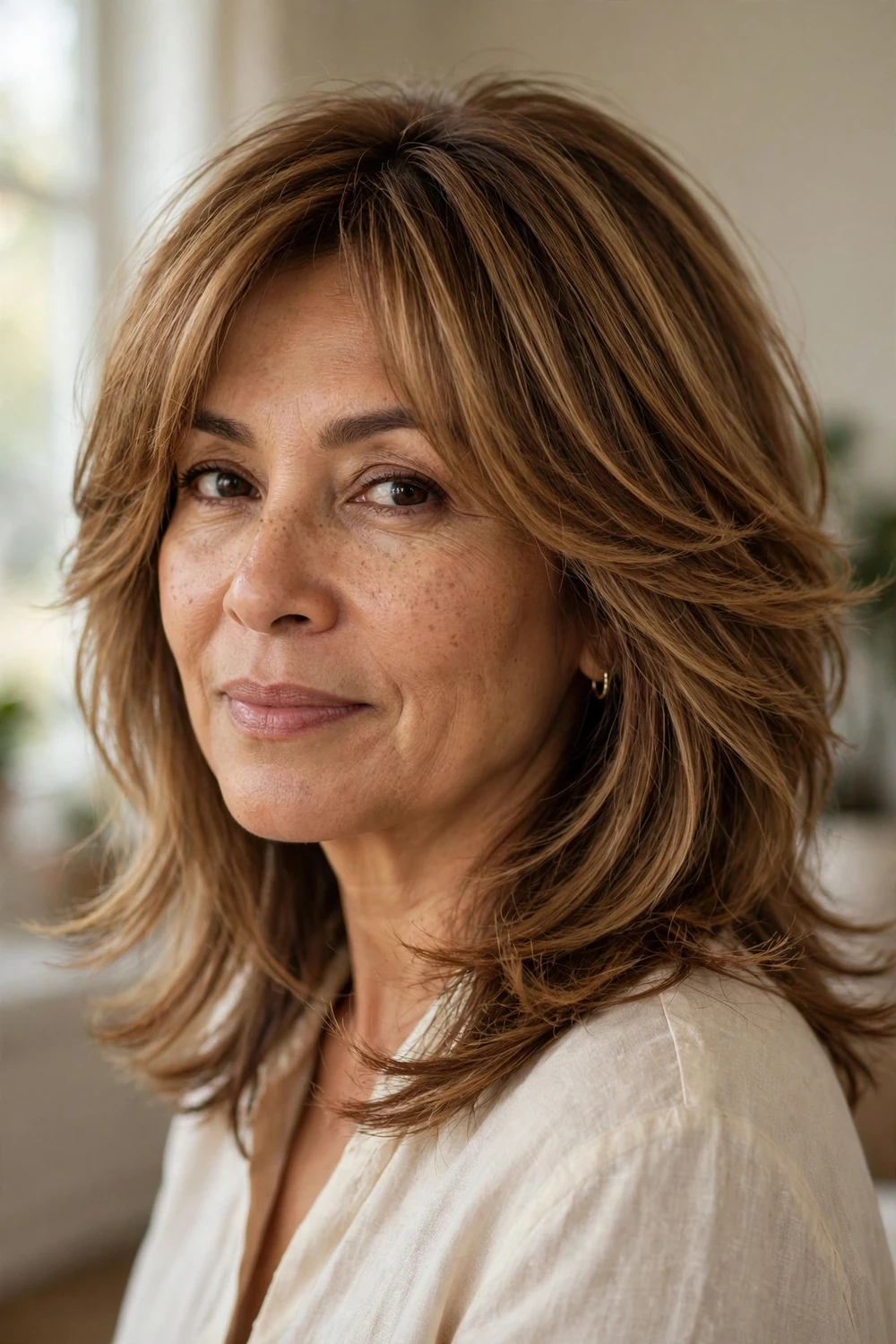 Feathered shoulder-grazing layers with warm caramel curtain fringe on fine hair