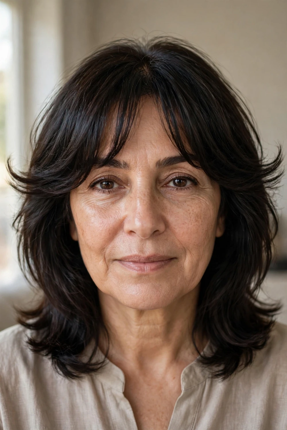 Feathered curtain bangs creating temple lift on fine hair