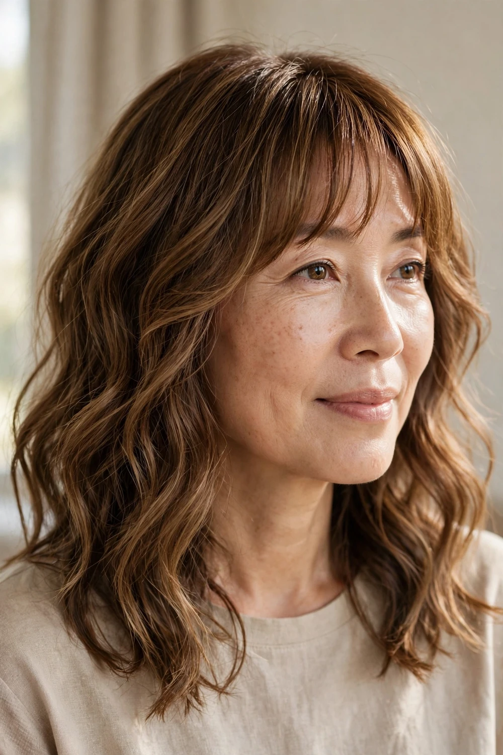 S-wave mid-length cut with slide-cut curtain bangs on fine hair