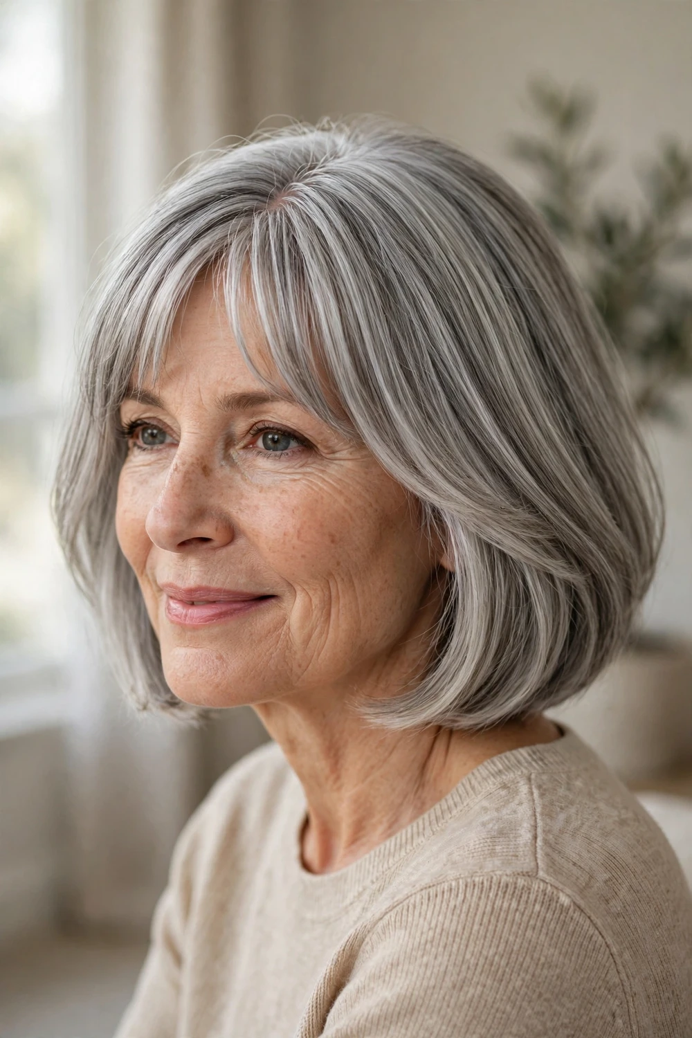 Gray-blending curtain bangs with silver highlights on fine hair