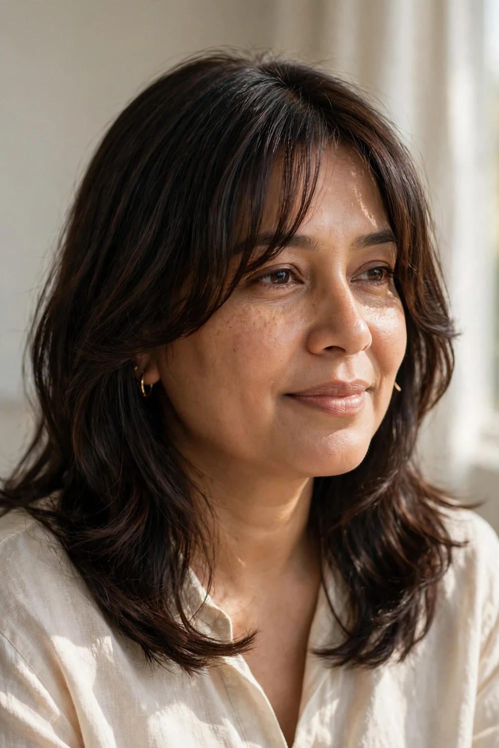Face-framing curtain bangs on fine medium-length hair for round faces