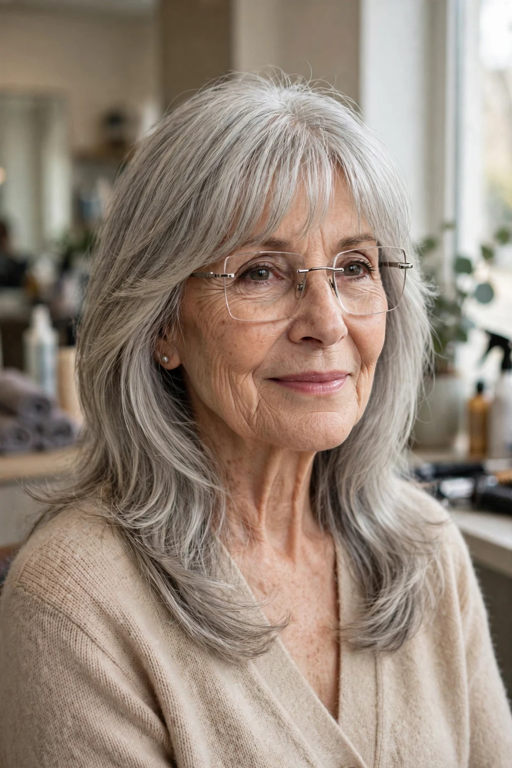 Curtain bangs on a woman over 60 wearing glasses