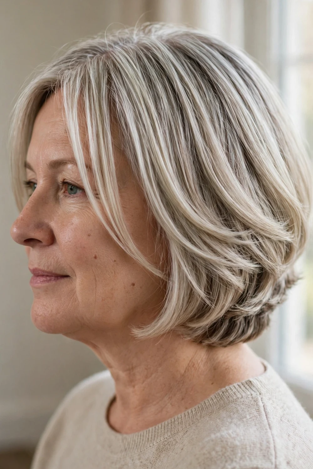Woman with round face wearing a graduated bob with long curtain bangs