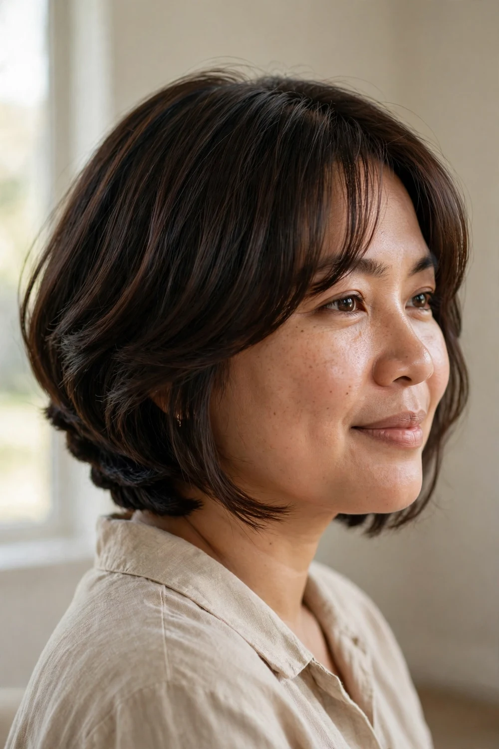Woman with round face wearing an inverted bob with stacked nape and curtain bangs