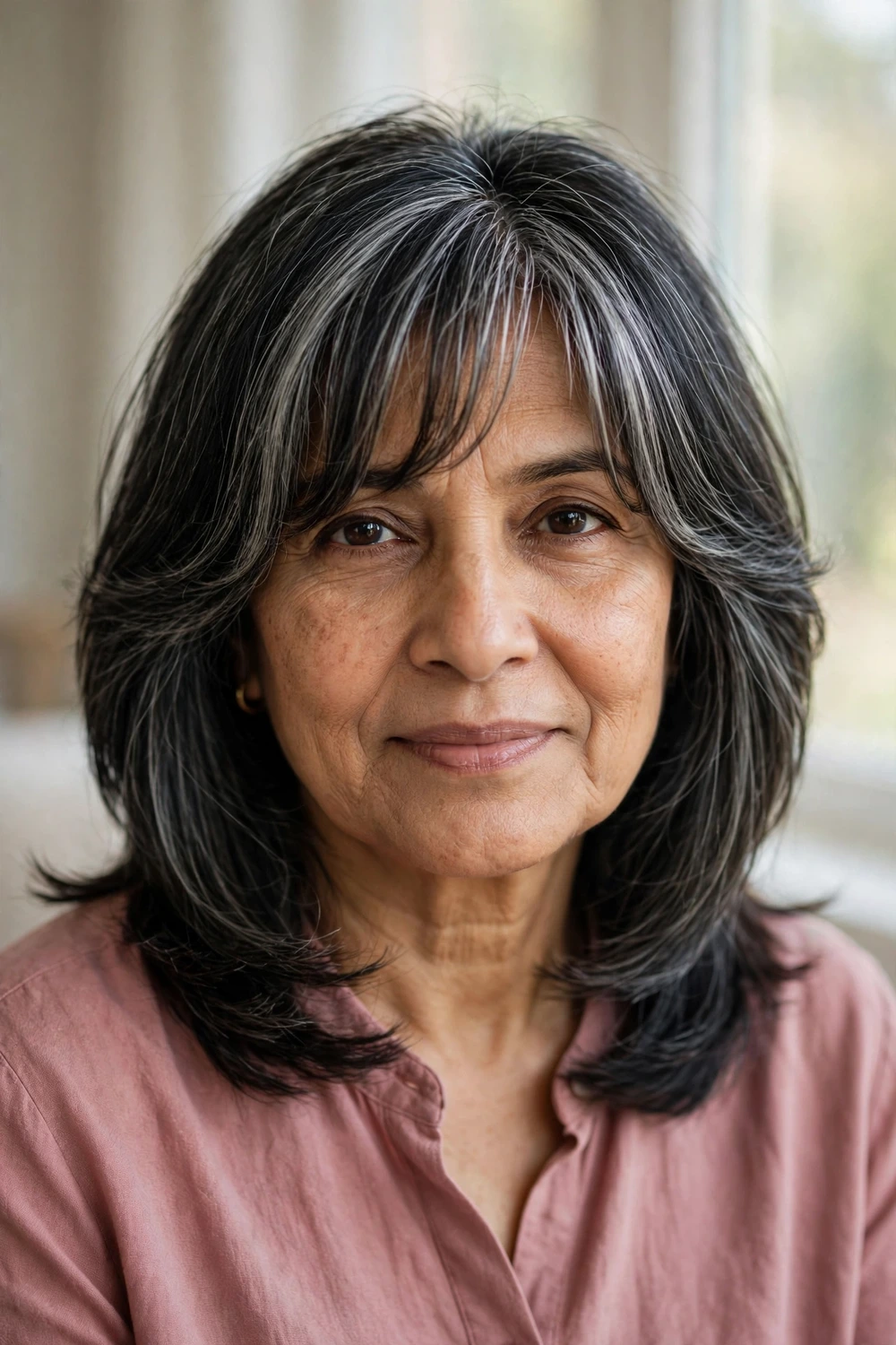 66-year-old woman with gray curtain bangs blended into layered medium hair