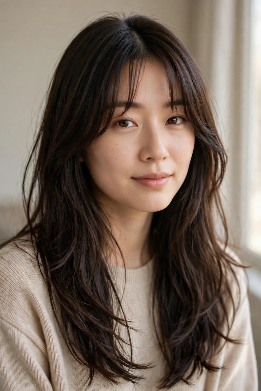 Woman with long brown hair with curtain bangs and soft layers, front view
