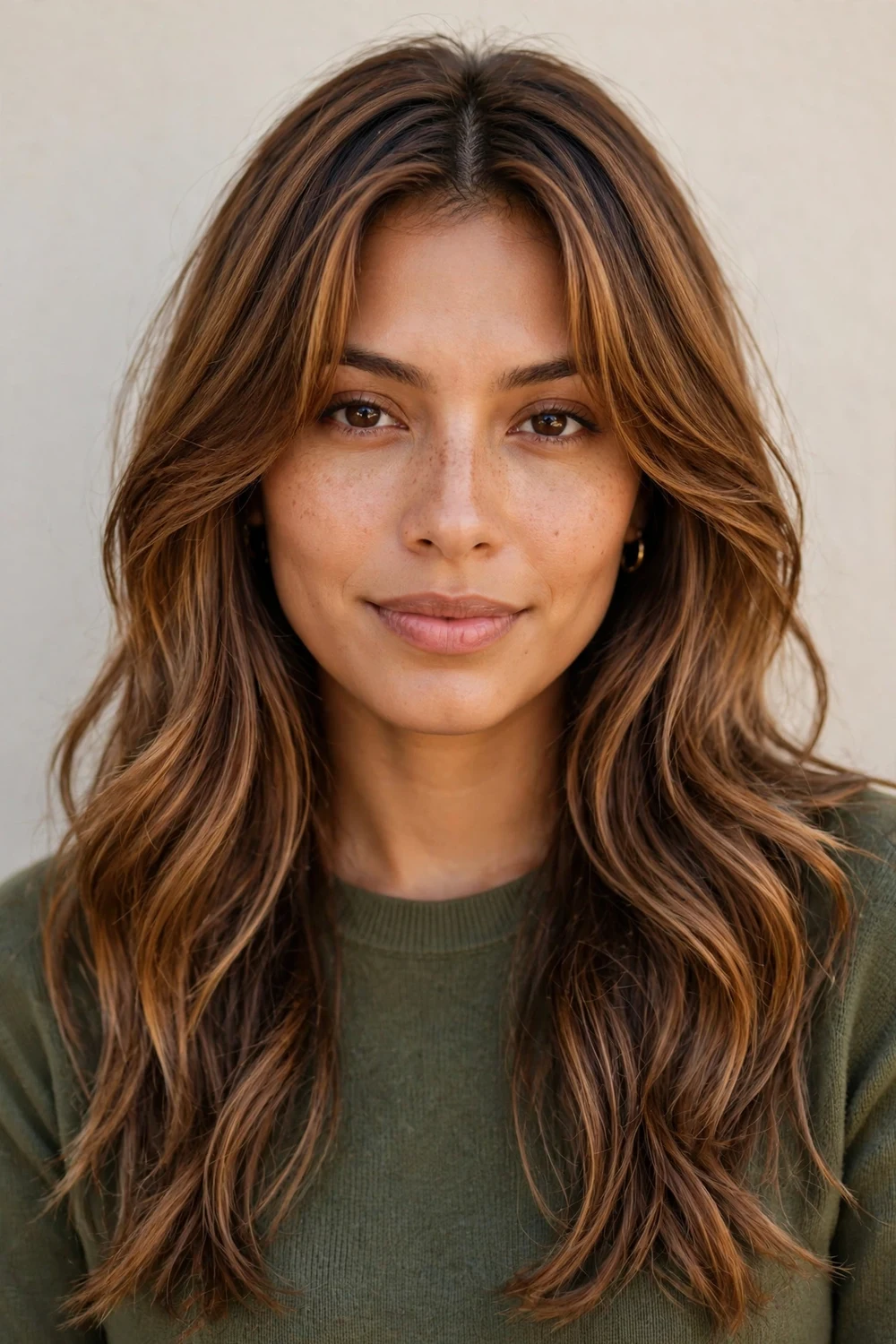 Latina woman in her late twenties with an oblong face and long layered caramel brown hair with curtain bangs