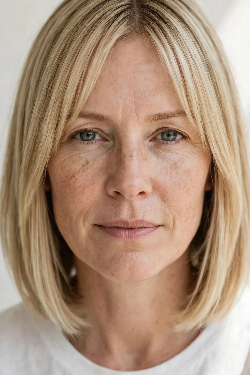Woman with curtain bangs and layers on short straight hair, face-framing fringe parted in the center