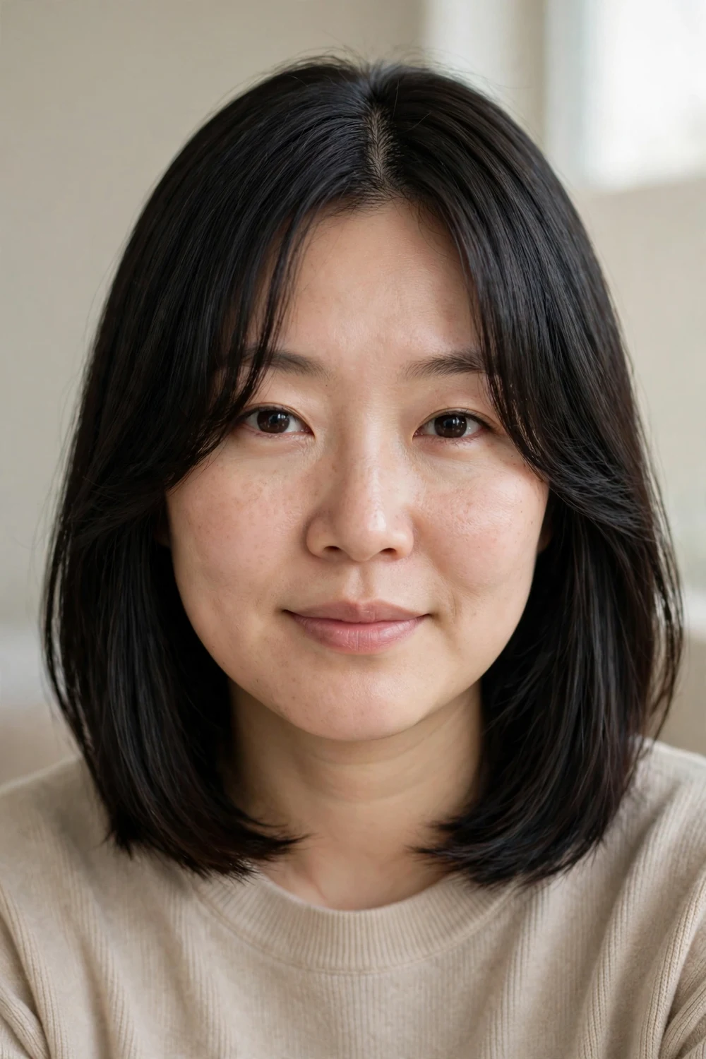Woman with round face wearing a collarbone-length lob with curtain bangs parted in the middle