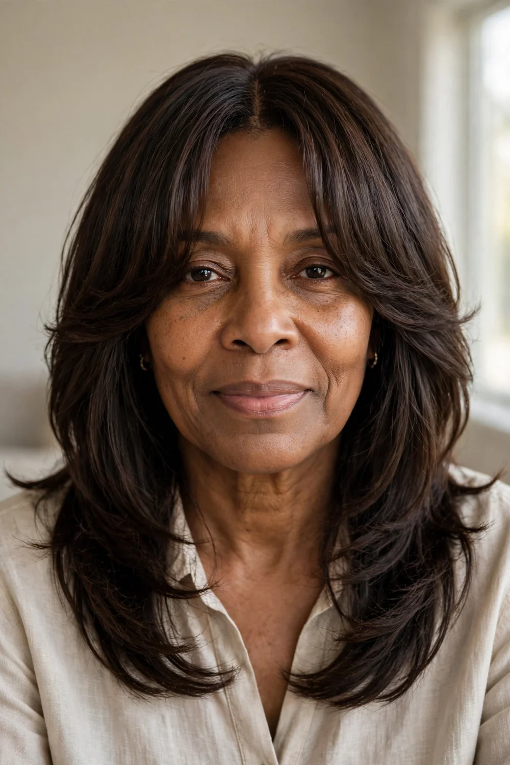 52-year-old Black woman with dark brown curtain bangs and long layers, front view