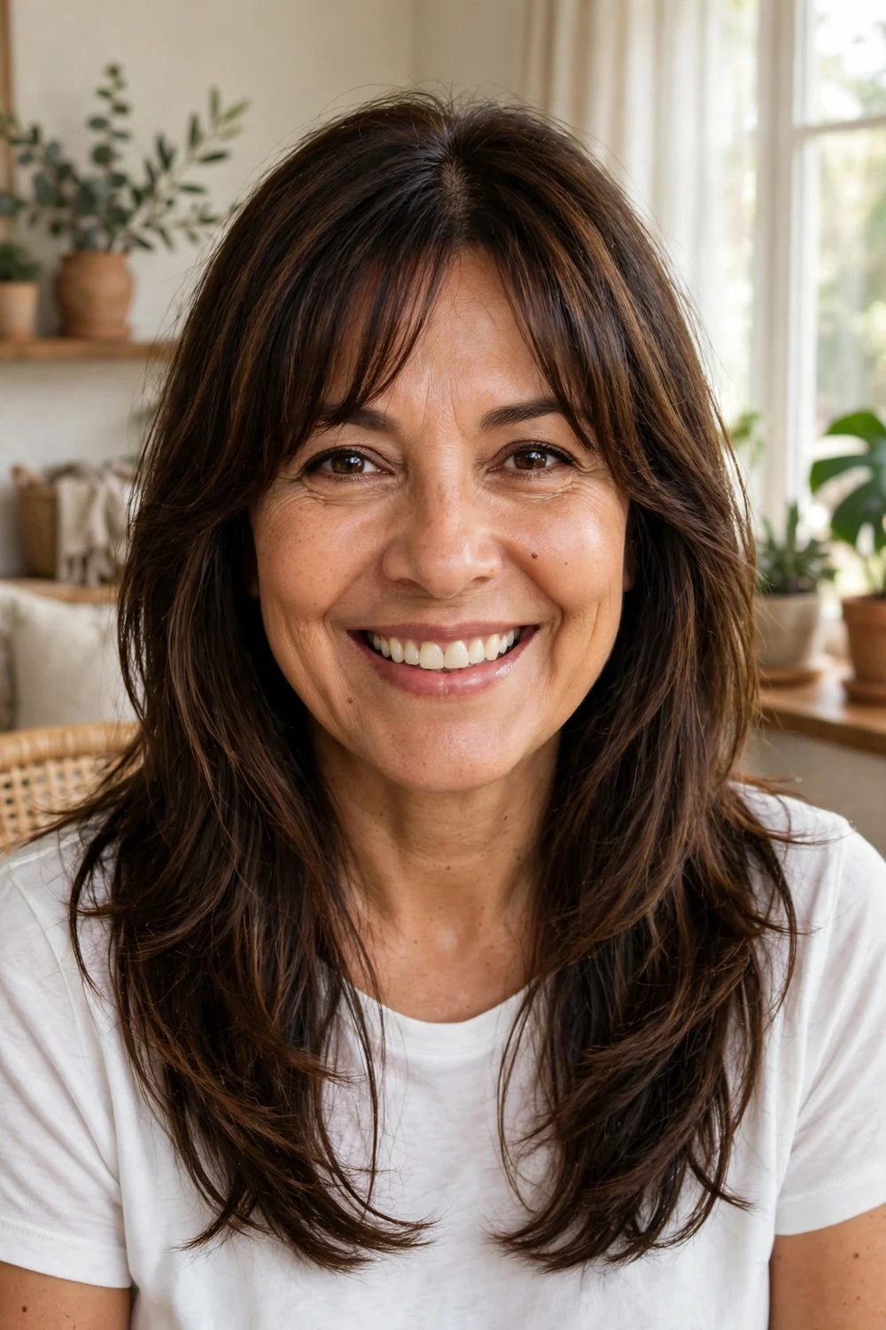 Latina woman in her mid 50s with brunette curtain bangs and long layered hair