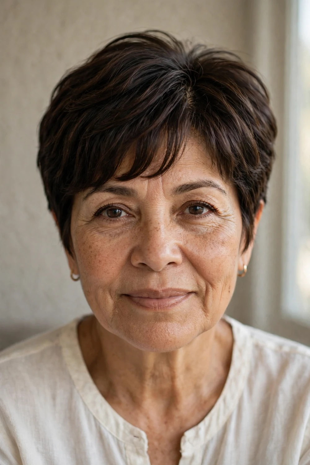 Front view of a pixie with curtain bangs on a woman over 50 with thin dark brown hair
