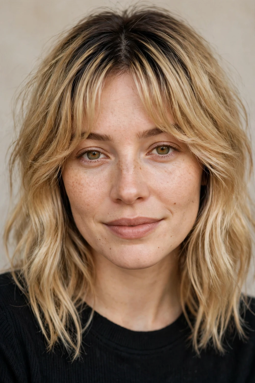 Warm blonde hair with curtain bangs and melted dark roots