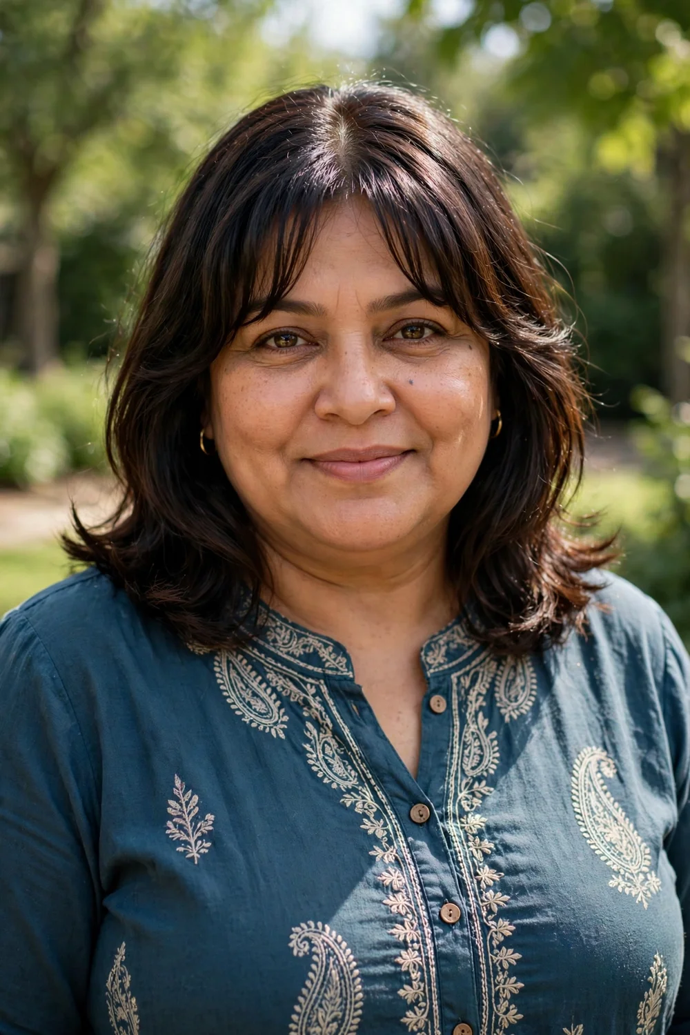 Plus-size South Asian woman in her early 40s with a shoulder-length lob and curtain bangs