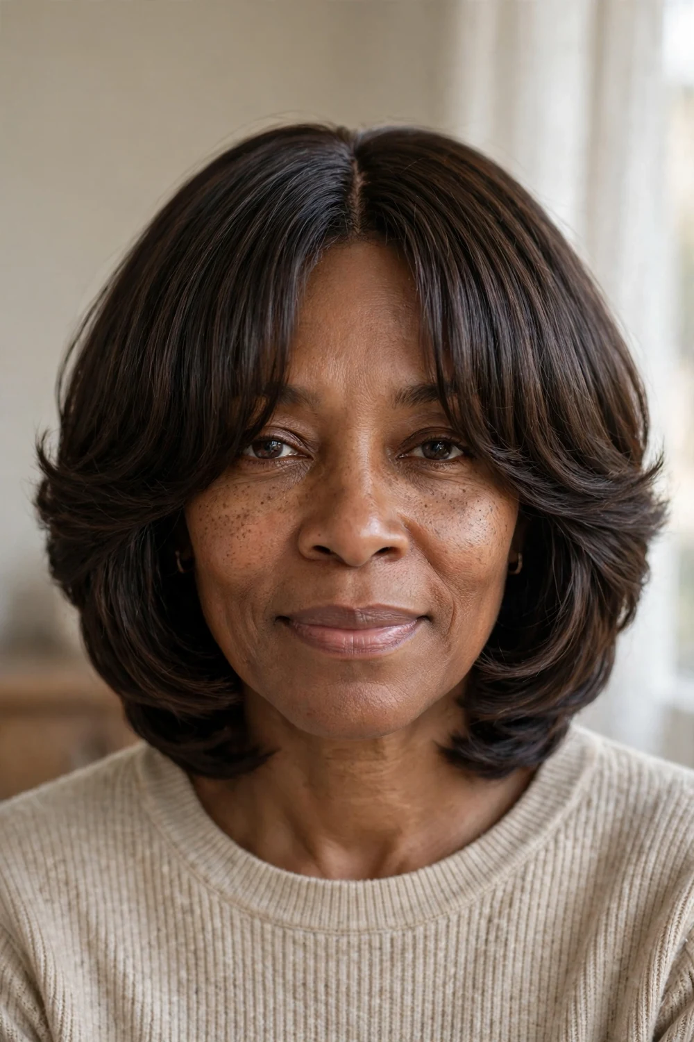 Stacked bob with curtain bangs parted in the middle