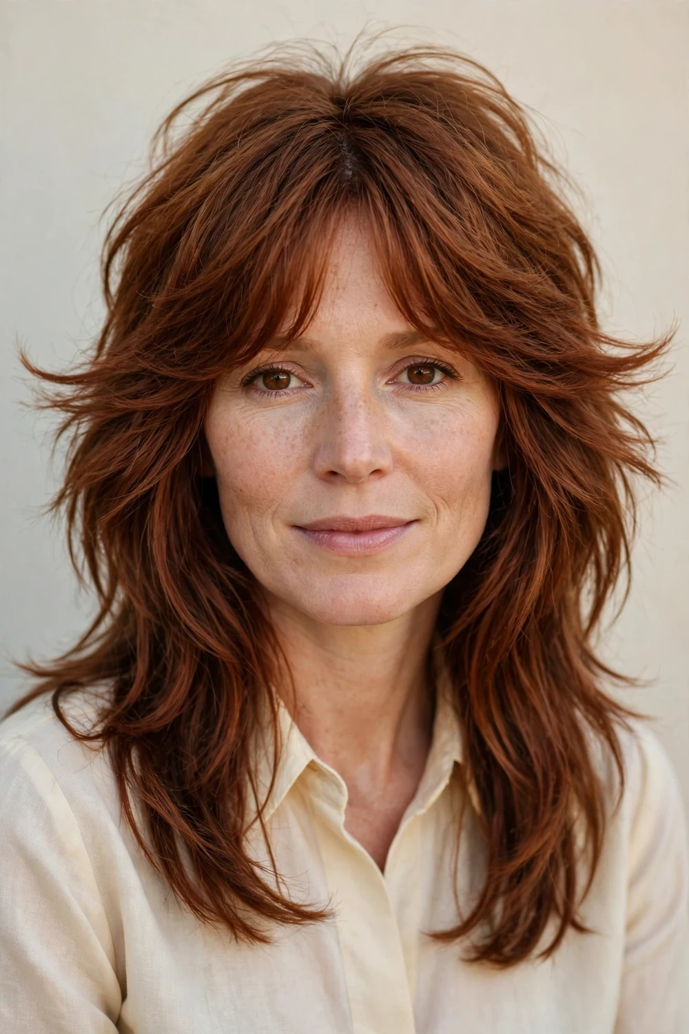 White woman in her 30s with a 70s-inspired long shag, choppy crown layers and curtain bangs flicking outward, auburn hair