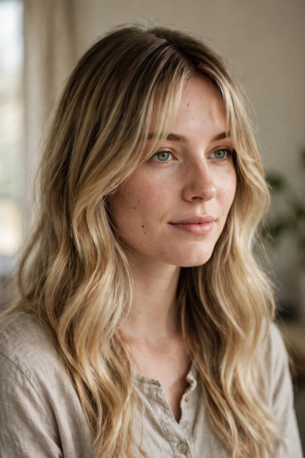 White woman with long blonde balayage hair, hand-painted lighter ends, and curtain bangs framing her face