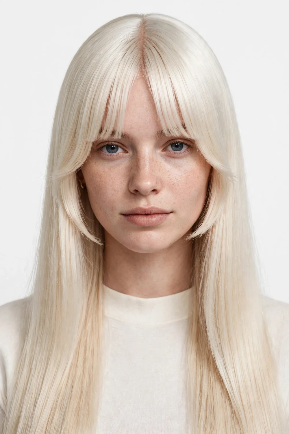 White woman with long platinum blonde straight hair and blunt-edged curtain bangs with a defined center part