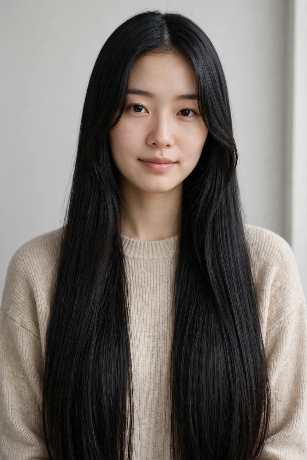 East Asian woman with very long straight black hair and classic center-parted curtain bangs framing her face symmetrically