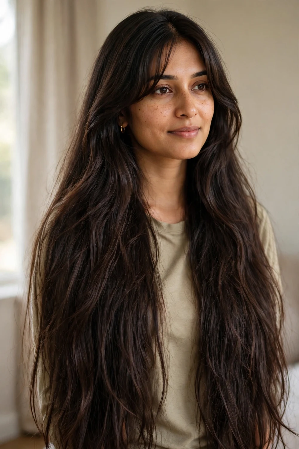 South Asian woman with long dark brown layered hair past her waist and center-parted curtain bangs sweeping to her cheekbones