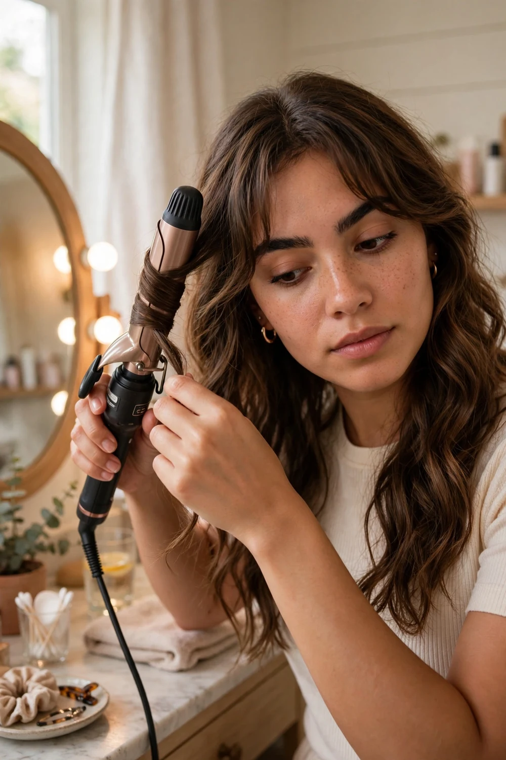 Latina woman wrapping a section of her curtain bangs around a curling iron barrel, long wavy brown hair