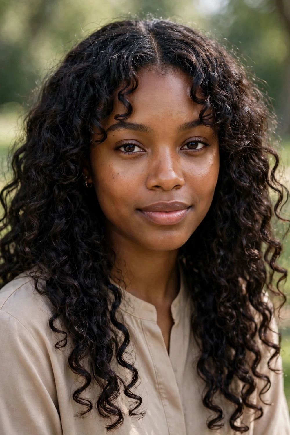 Black woman with long defined dark curls and curly curtain bangs framing her face, natural curl pattern