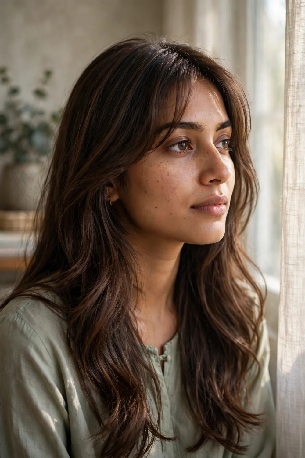 South Asian woman with long brown hair, curtain bangs flowing seamlessly into long face-framing layers past her shoulders