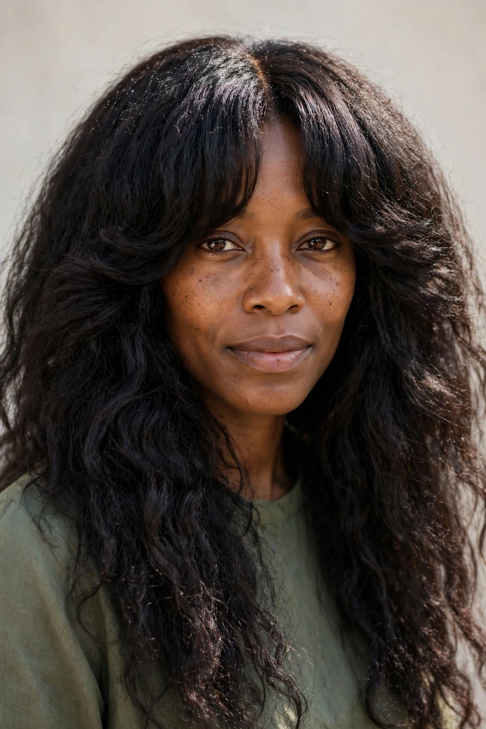Black woman with thick long dark hair and full dense curtain bangs parted in the center, generous forehead coverage