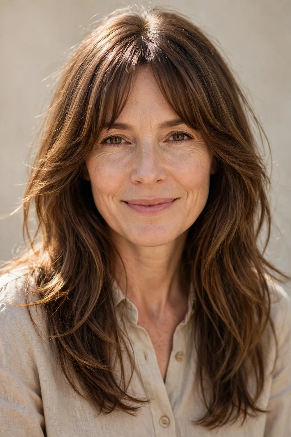 White woman in her 40s with long brown hair, grown-out curtain bangs blended into soft face-framing layers