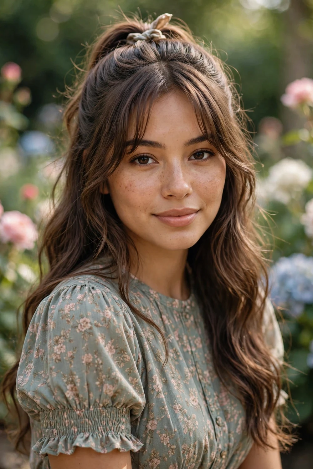 Latina young woman with long wavy brown hair in a half-up half-down style, curtain bangs framing her face