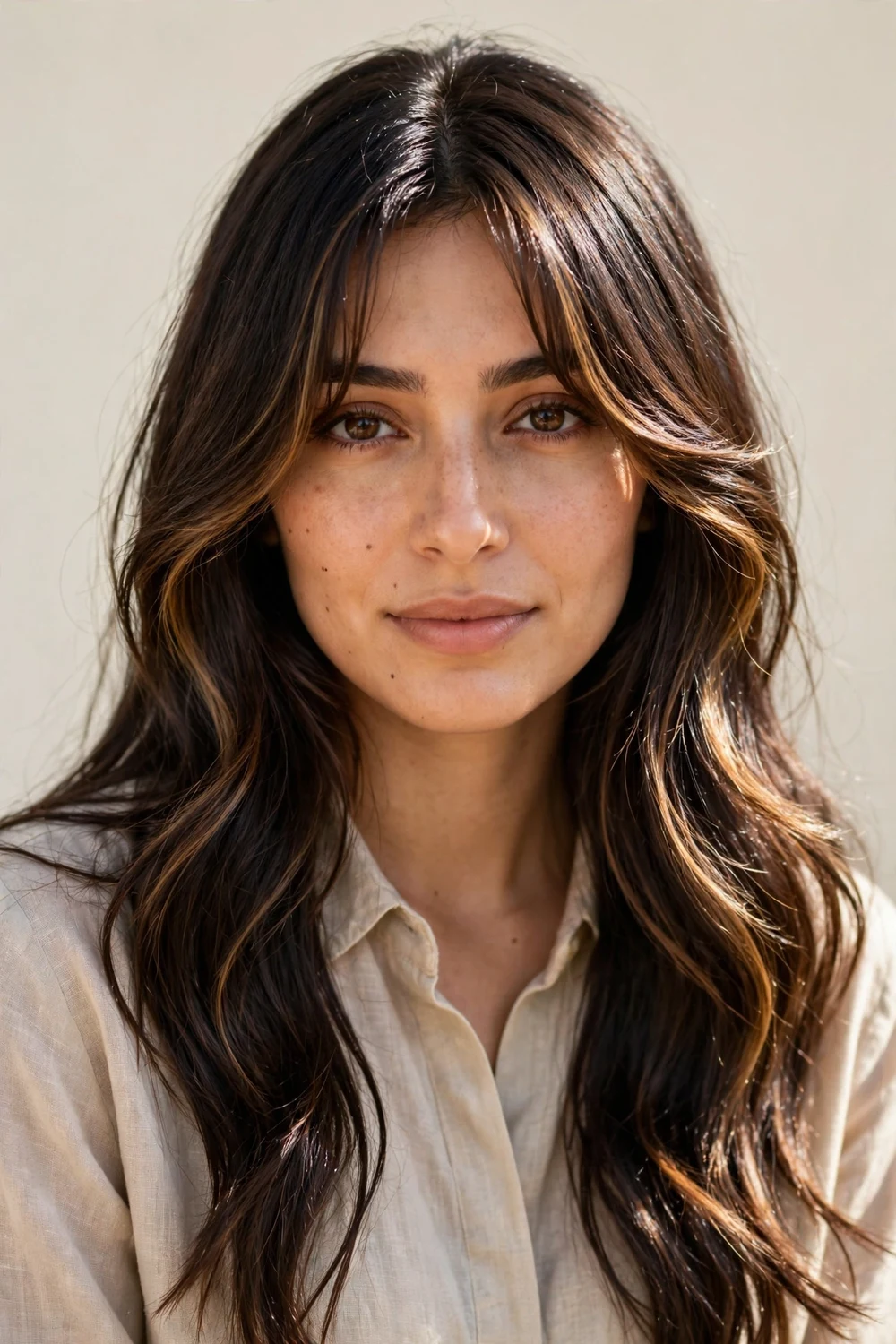 Middle Eastern woman with long dark hair featuring caramel face-framing highlights and curtain bangs catching the light